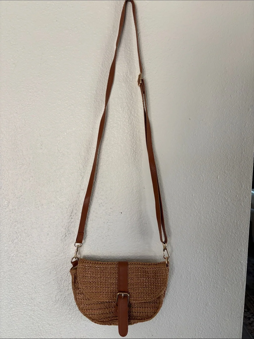 Woven Saddle Crossbody Bag in Brown with Buckle Strap
